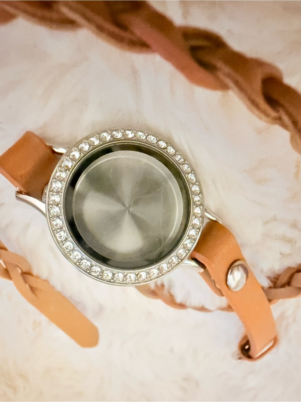 Origami Owl Tan Leather Wrap Charm Bracelet with Crystal Bezel.